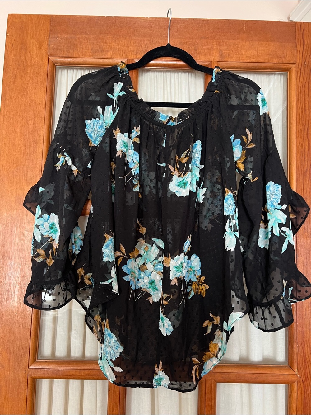 Black Floral Off-Shoulder Blouse with Blue Flowers